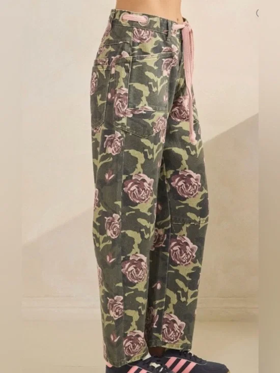 Floral Wide-Leg Barrel Pants or Jeans- Olive with Pink Roses - Picture 3 of 7